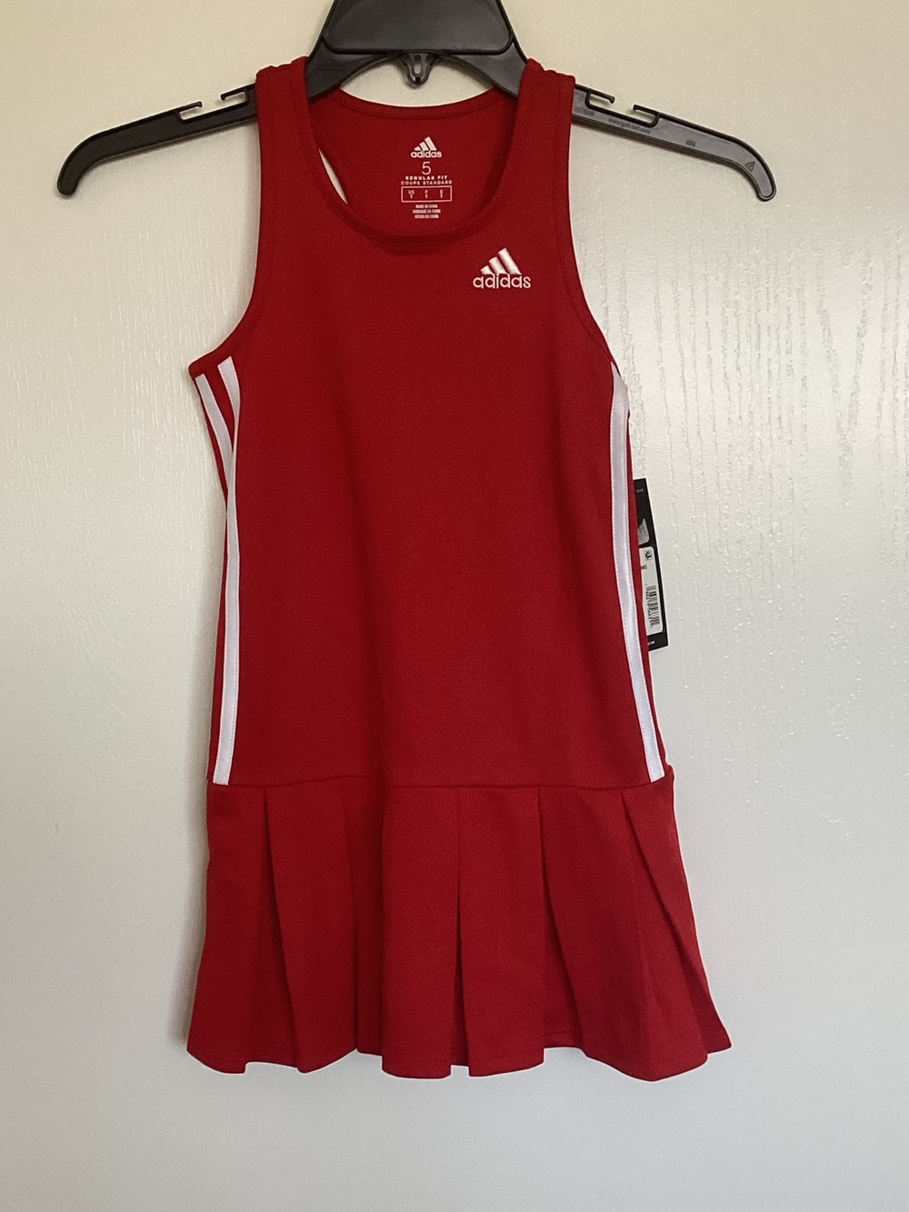 adidas Red Girls' Athletic Pleated Tennis Dress with White Stripes